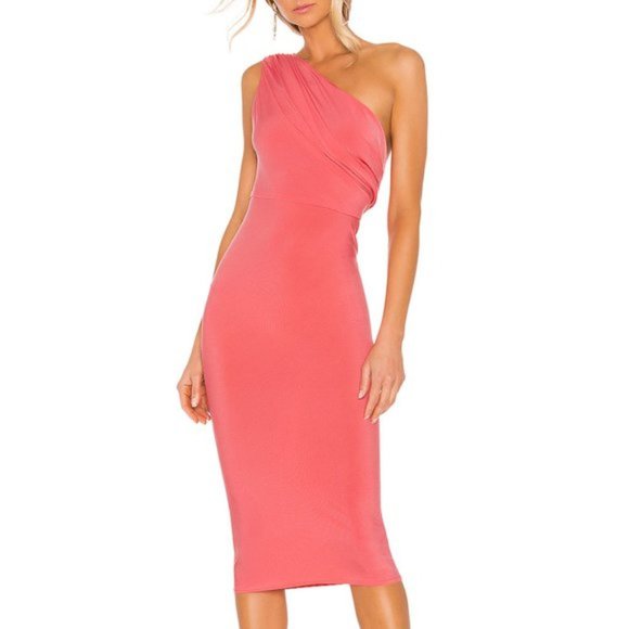 Katie May Dresses & Skirts - Katie May X Grace Kong Dress Coral One Shoulder Drape Party Cocktail Midi NWOT S